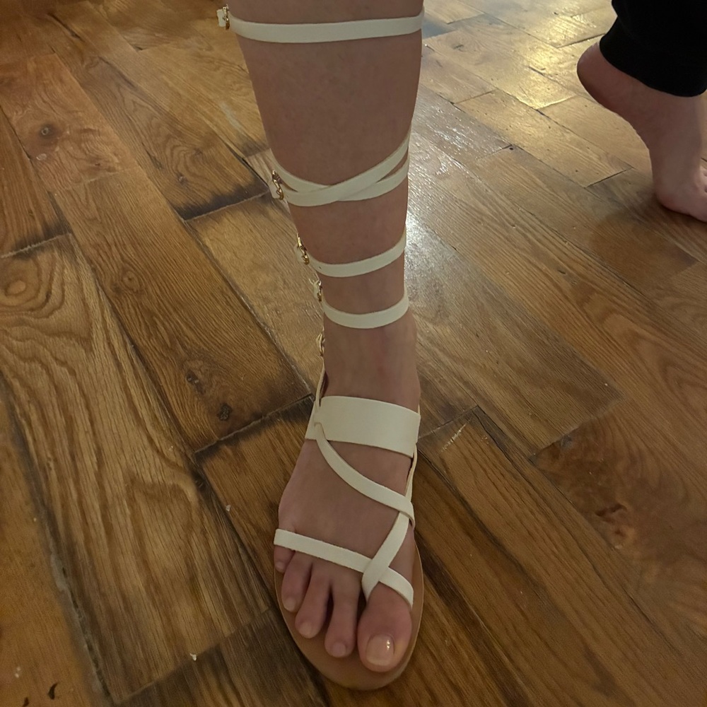 Ancient Greek Sandals Women's White Knee-High Wrap Gladiator Sandals